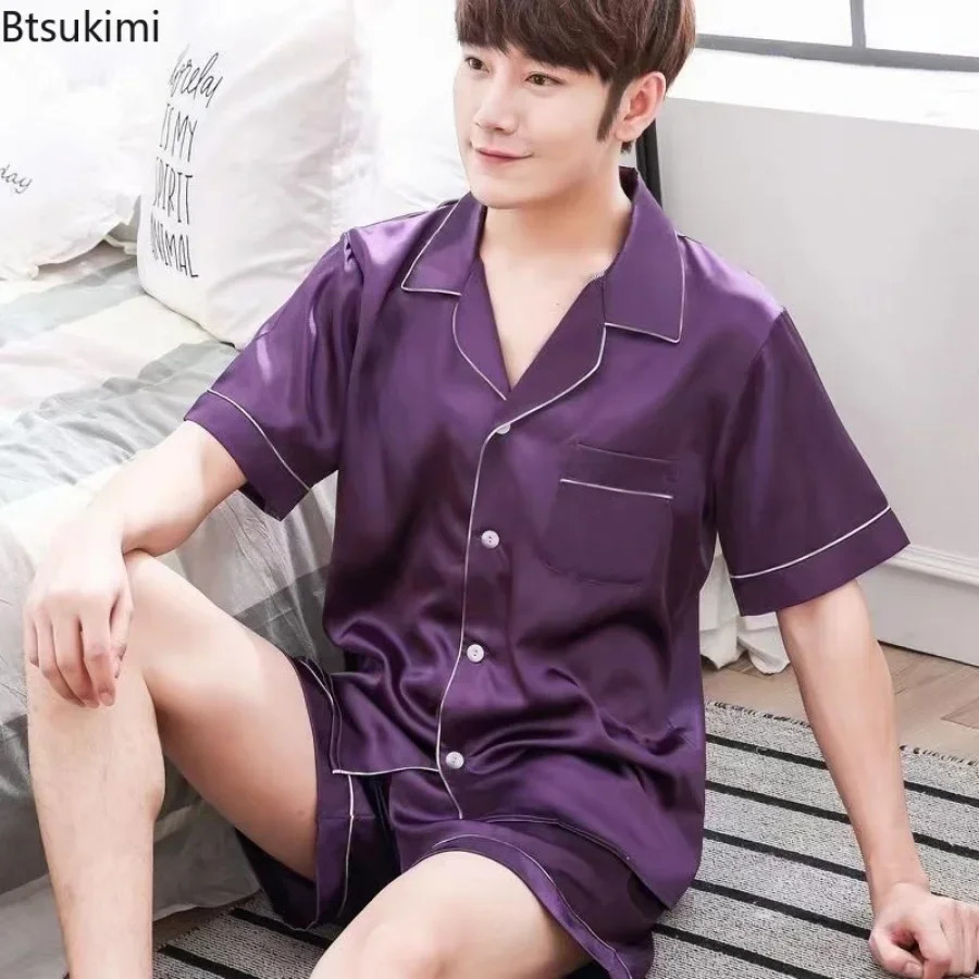 Summer Men Pajama Sets Silk Satin Pijama Turn-down Collar Sleepwear Short Sleeve Nightwear Male 2 Pieces Sets Homewear 5XL 260507