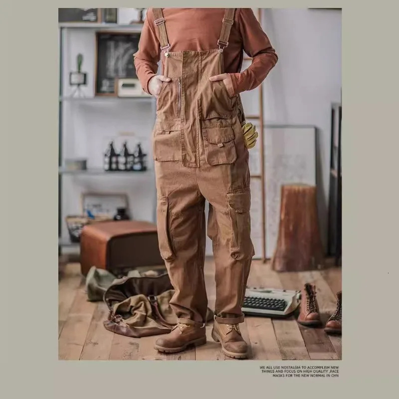Men Vintage Bib Overalls Cotton Relaxed Fit Cargo Pants Romper Fashion Workwear Loose Jumpsuit with Pockets 260508 - view 5