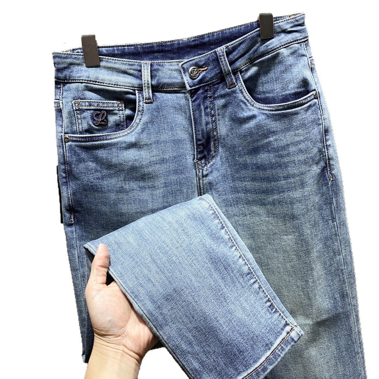 Men's high-end cropped pants, Korean-style washed slim straight jeans, European designer brand style