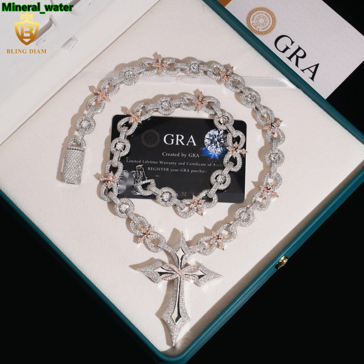 12MM Sterling Silver 925 VVS Moissanite Diamond Cross Pendant Miami Cuban Link Chain Necklace
