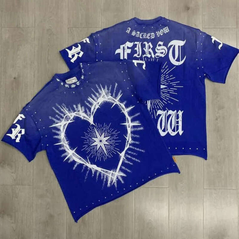 Men's T-Shirts Men's Tees Streetwear Vintage Heart Shirt Washed Diamond Cropped Tee For Men Crew Neck Short Sleeve Loose Cotton Rhineston Me