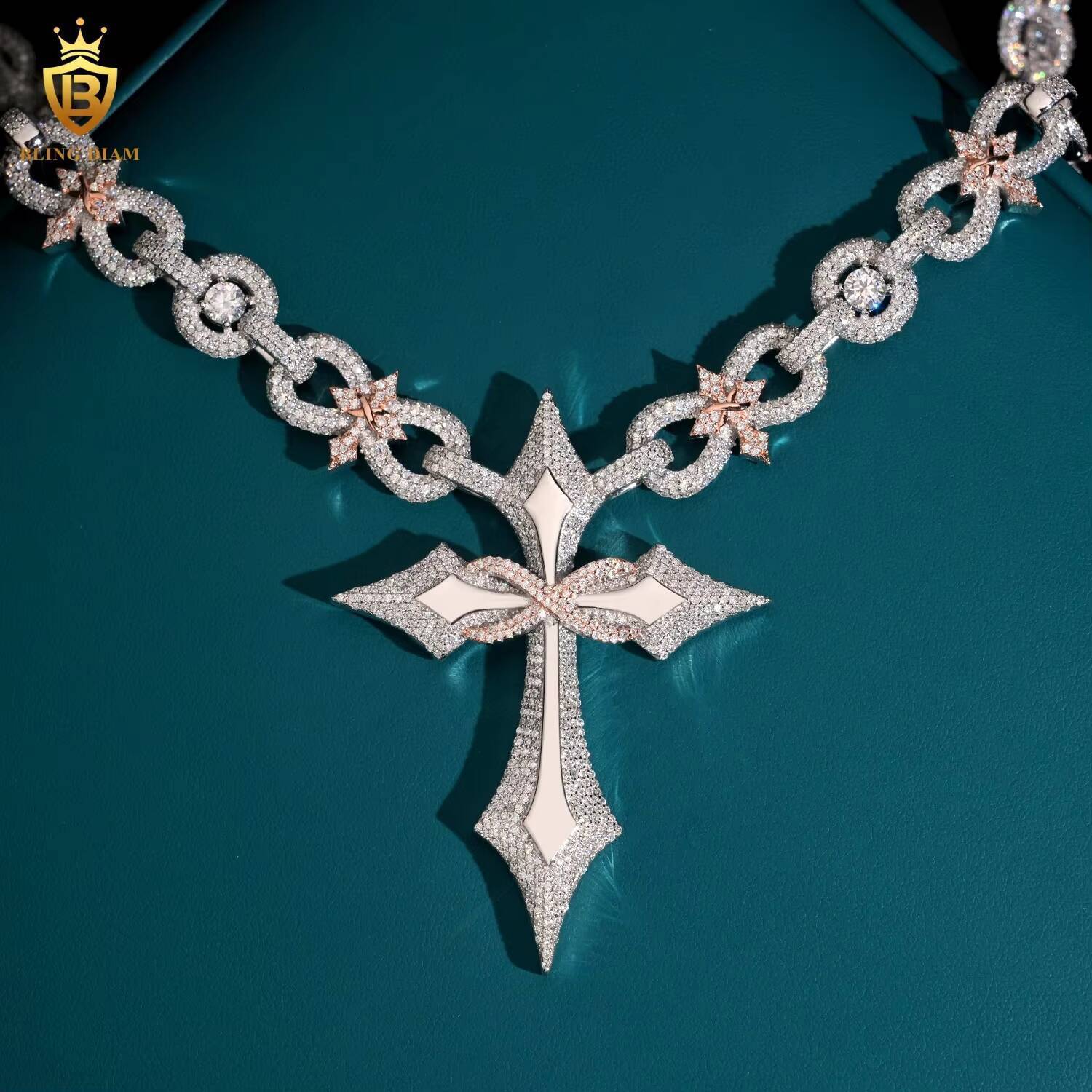 12MM Sterling Silver 925 VVS Moissanite Diamond Cross Pendant Miami Cuban Link Chain Necklace