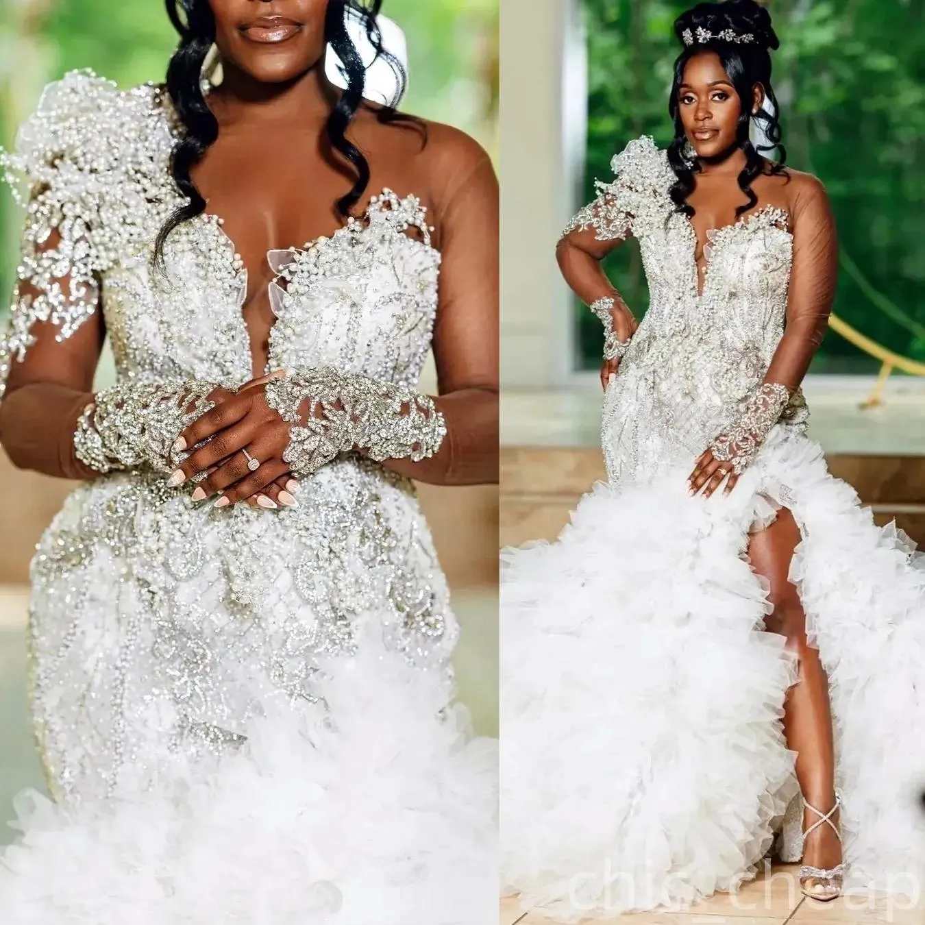 Arabic womens Aso Ebi 2026 Plus Size Ivory Wedding Appliques Beaded new Crystals Pearls Tiers Luxurious Bridal Gowns ZJ055 new white