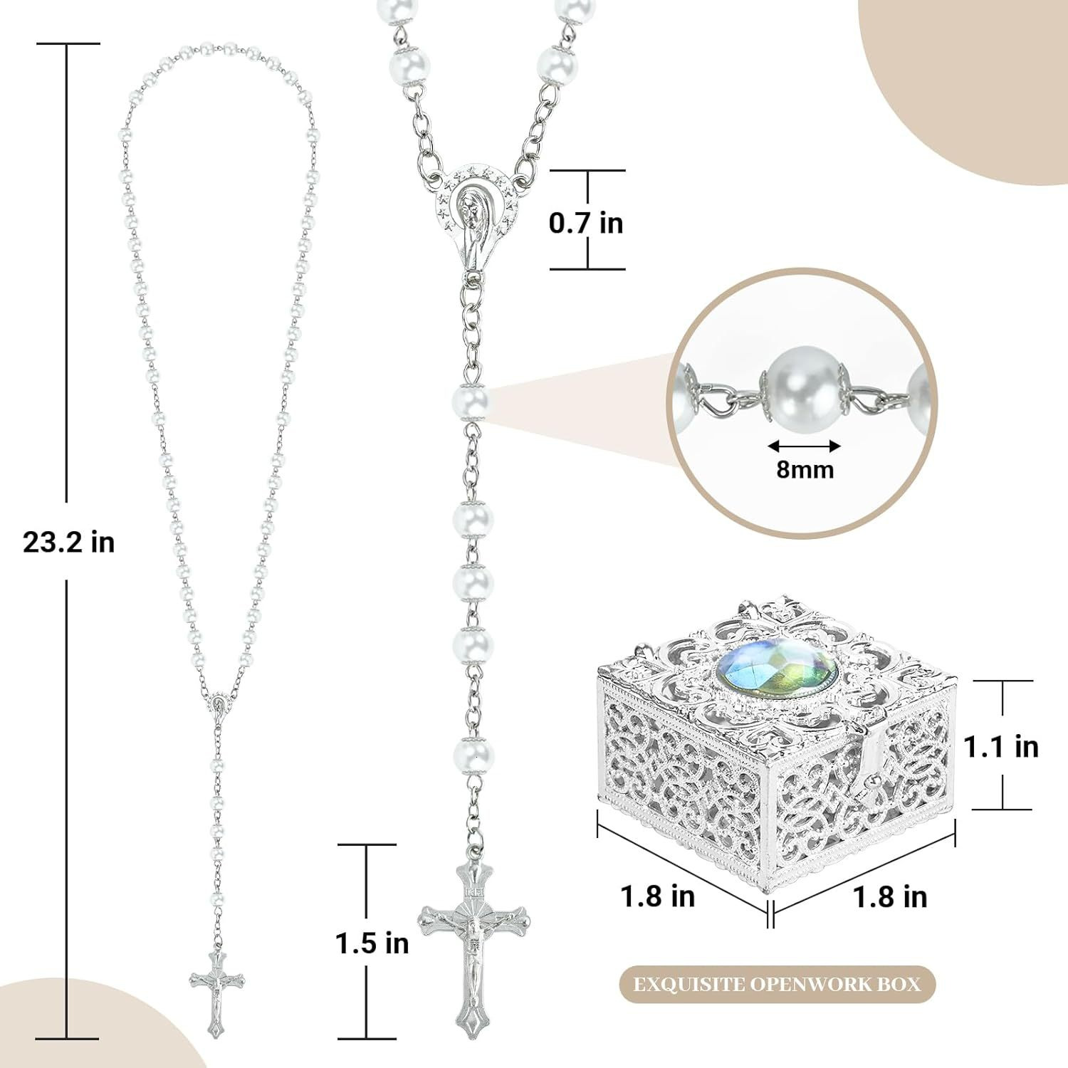 Vintage rose prayer bead necklace, pearl silver alloy sweater chain, unisex accessory