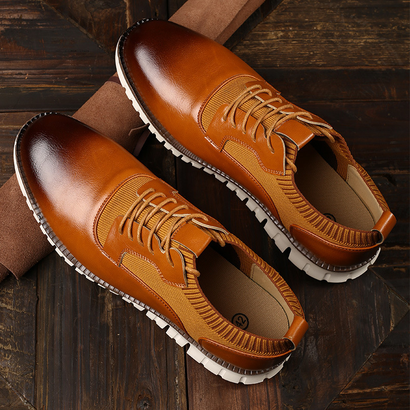 Mens Brown Leather And Knit Hybrid Casual Sneakers With White Sole