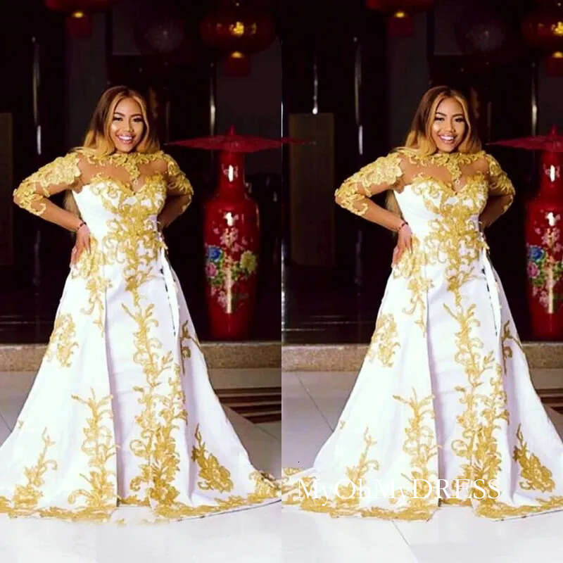 Aso Ebi Style White Prom Dresses With Gold Applique O Neck Long Sleeve Satin Mermaid Evening Dress Detachable Train Formal Gowns Y58