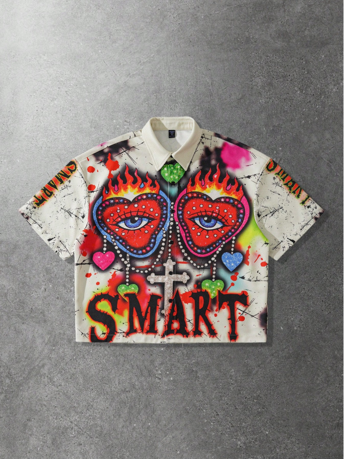 American retro trend brand Japanese print casual loose t-shirt short-sleeved shirt for summer