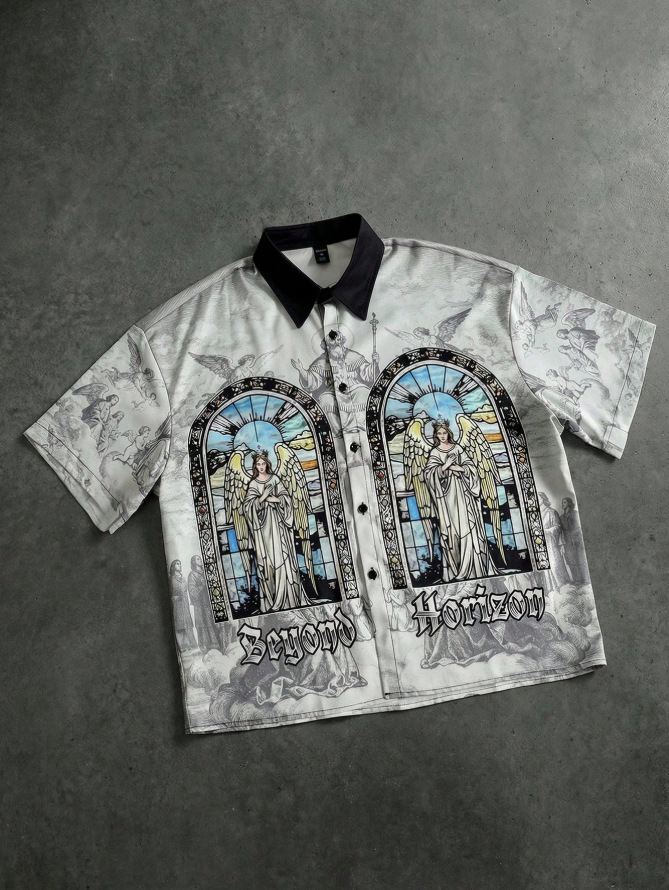 American retro trend brand Japanese print casual loose t-shirt short-sleeved shirt for summer