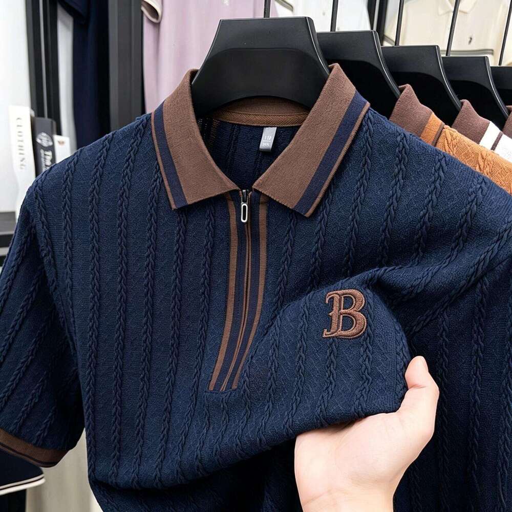 Luxury Brand Designer Clothes 2026 Summer Middle-Aged Men Knitted Short Sleeve Korean Version Business Casual Jacquard Embroidery Daily Wear for Men