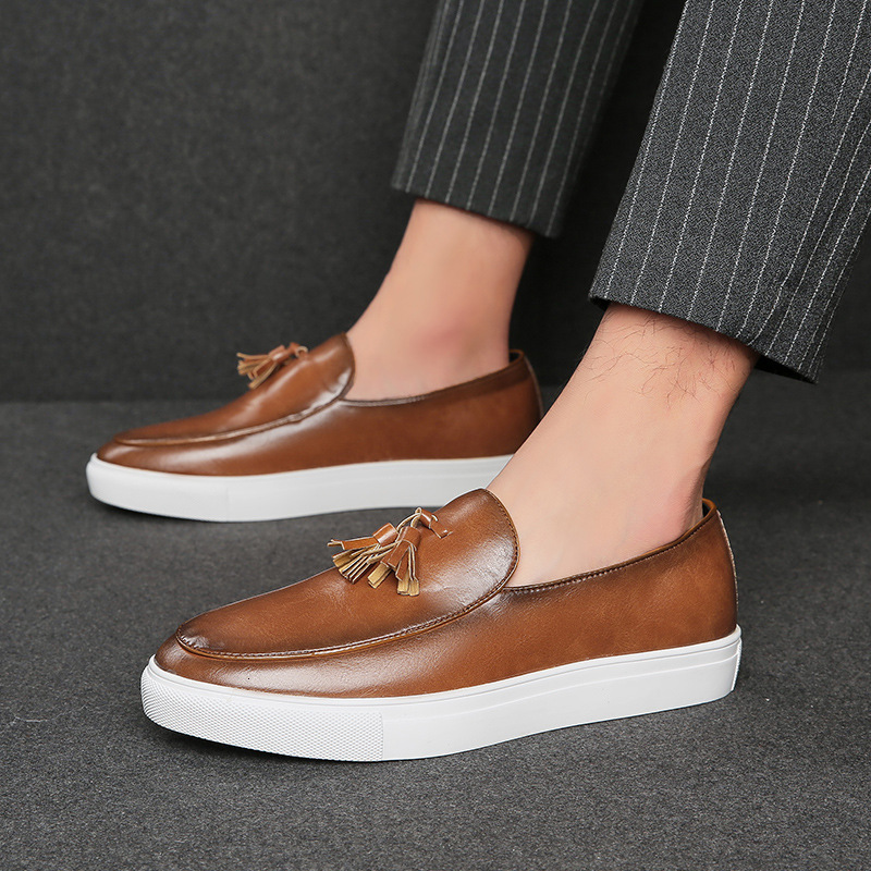 Mens Grey Gradient Tassel Slip On Loafers With White Sole