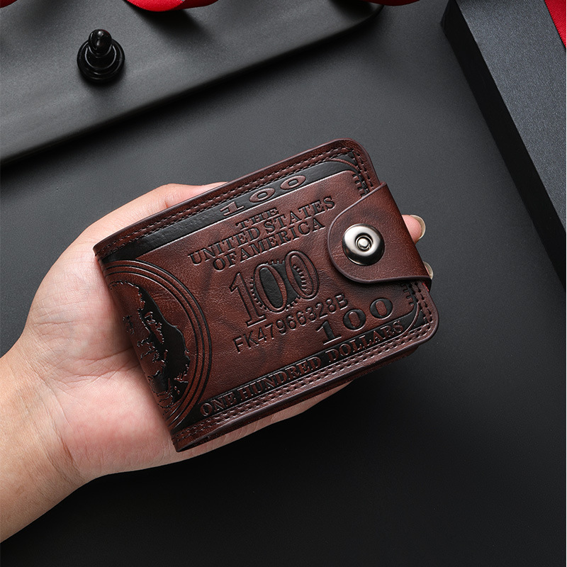 Free Shipping Vintage US Dollar Pattern Men's Wallet PU Leather Short Bifold Wallet with Snap Closure Card Holders