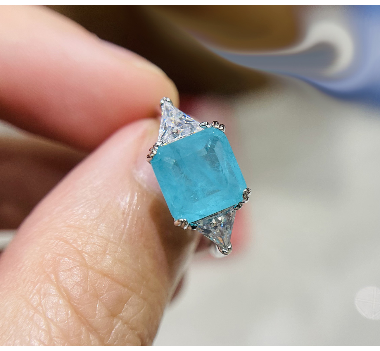Rulalei Elegant 3-Stone Paraiba Blue CZ Ring Princess Emerald with Triangle Cut Side Stones Genuine 100% 925 Sterling Silver Wedding Band for Women Da
