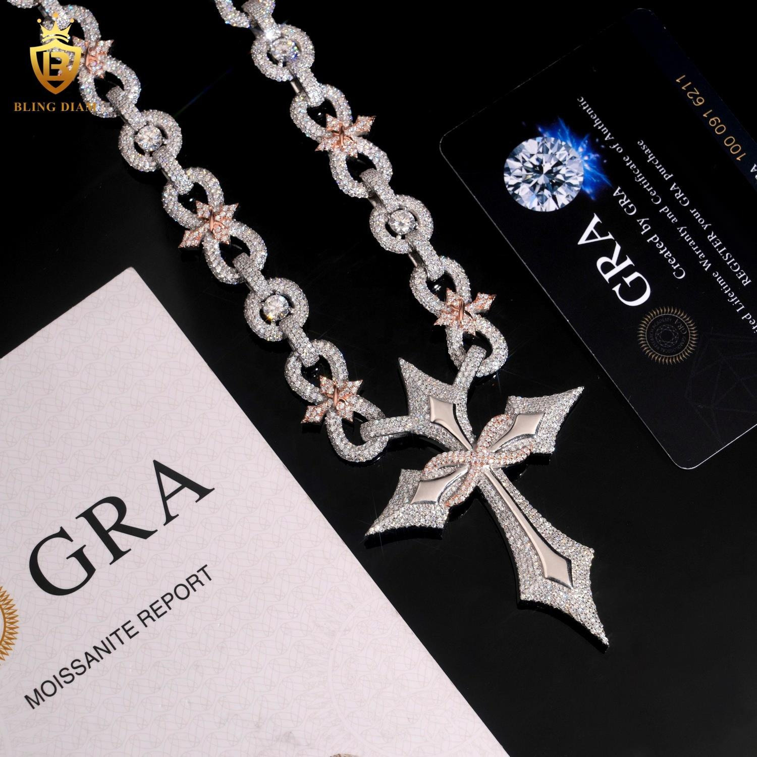 12MM Sterling Silver 925 VVS Moissanite Diamond Cross Pendant Miami Cuban Link Chain Necklace