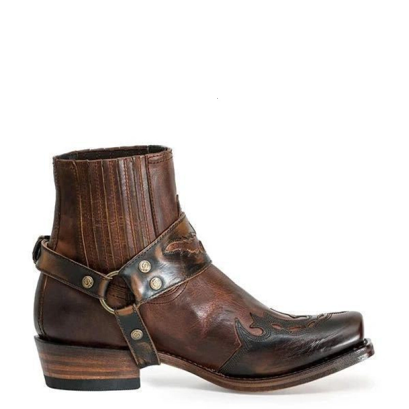 Men's Black Leather Western Comfortable Cowboy Ankle Boots With Harness Strap big size - view 5