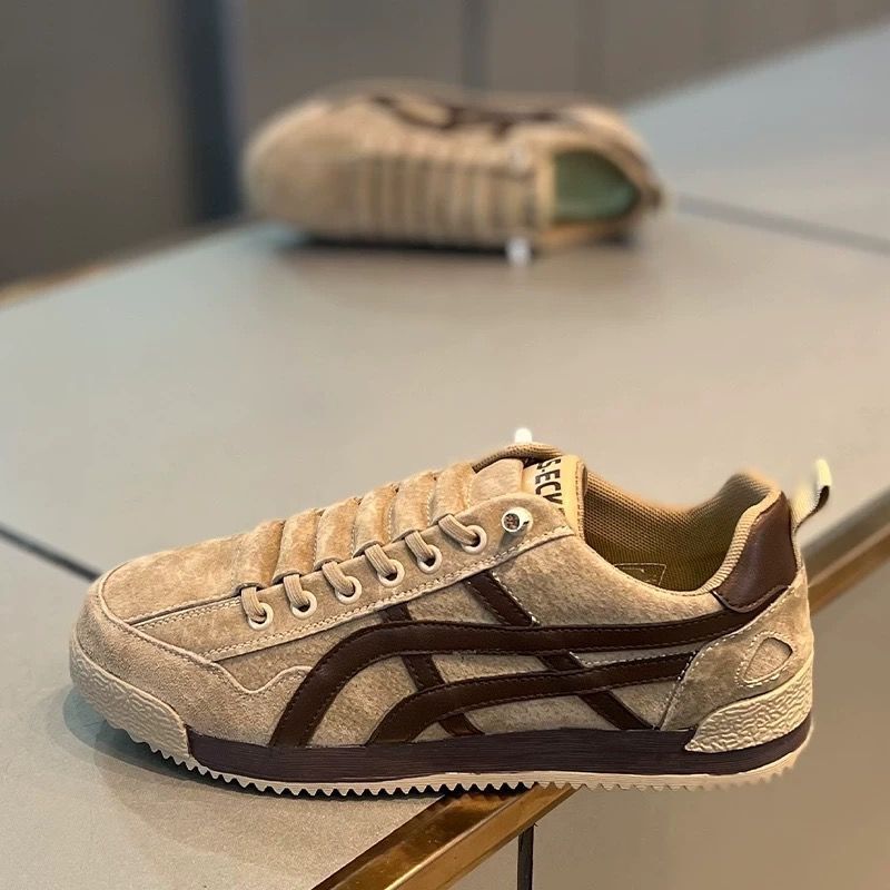 Men's Beige Black Striped Retro Casual Sneakers Lace-Up Flat Shoes Spring Summer Slip-On Trendy Versatile Sneakers Sports Casual Shoes for Men da