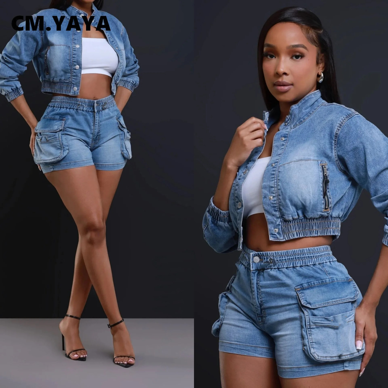 CMYAYA Denim Womens Set Long Sleeve Crop Jean Jacket Shorts Jeans Suit Street Cargo Tracksuit Two Piece Set Fitness Outfits 260507