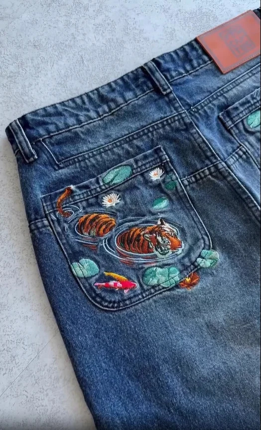 Preppy Style Men's Blue Denim Cargo Jeans, Wide Leg Pants with Koi Embroidery, Zipper Fly, Functional Cargo Pockets - view 4