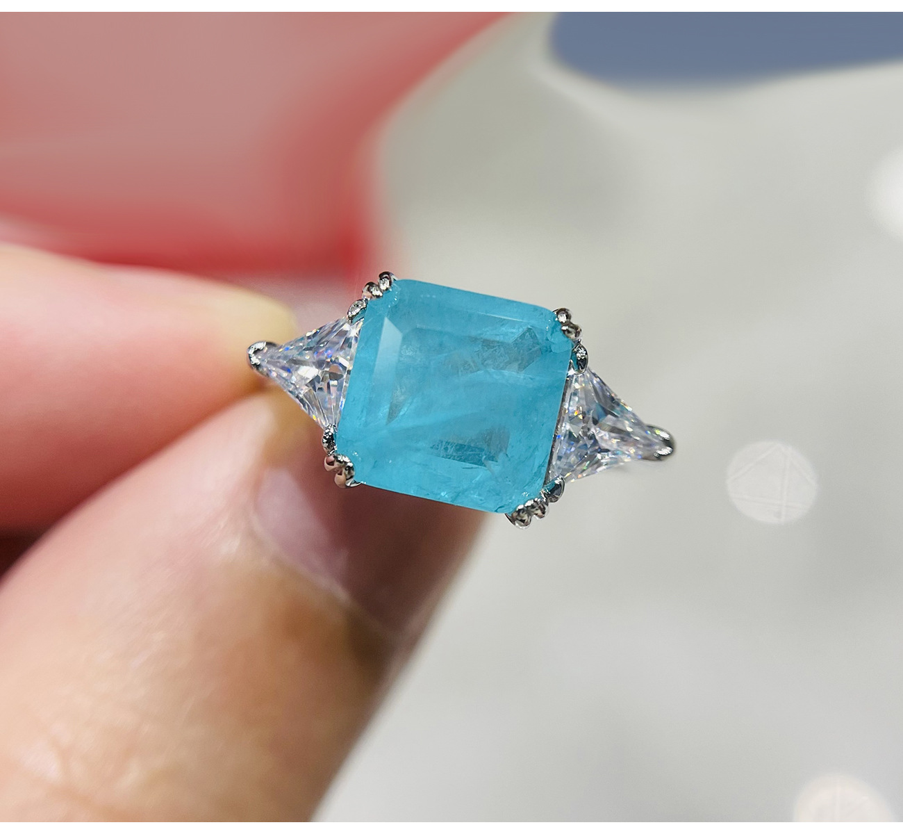 Rulalei Elegant 3-Stone Paraiba Blue CZ Ring Princess Emerald with Triangle Cut Side Stones Genuine 100% 925 Sterling Silver Wedding Band for Women Da