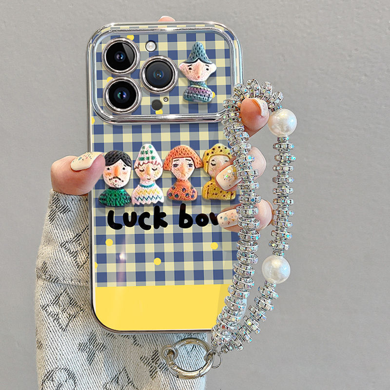 Compatible 17 Pro Phone Case New Model with Lanyard Apple 16 High-End Niche Plaid Doll Character