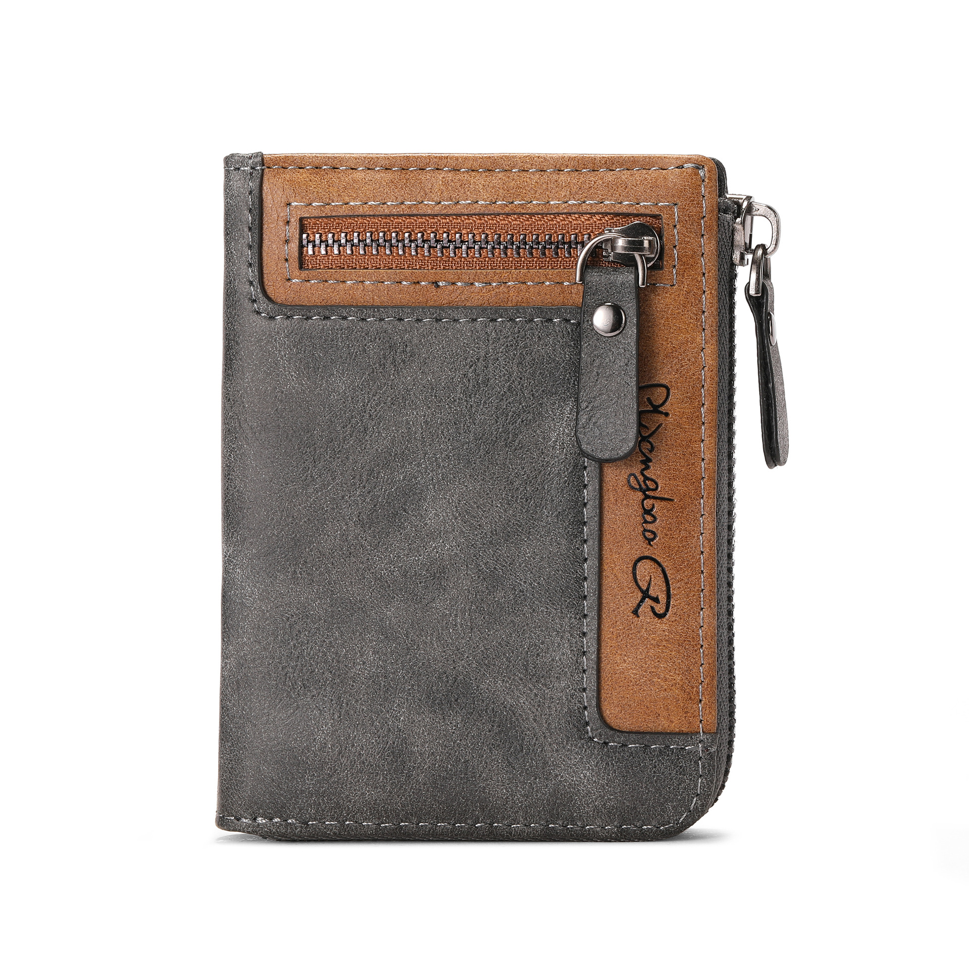 Men's Vintage Leather Bifold Wallet Zipper Card Holder Coin Purse Retro Contrast Color Short Wallet for Daily Use