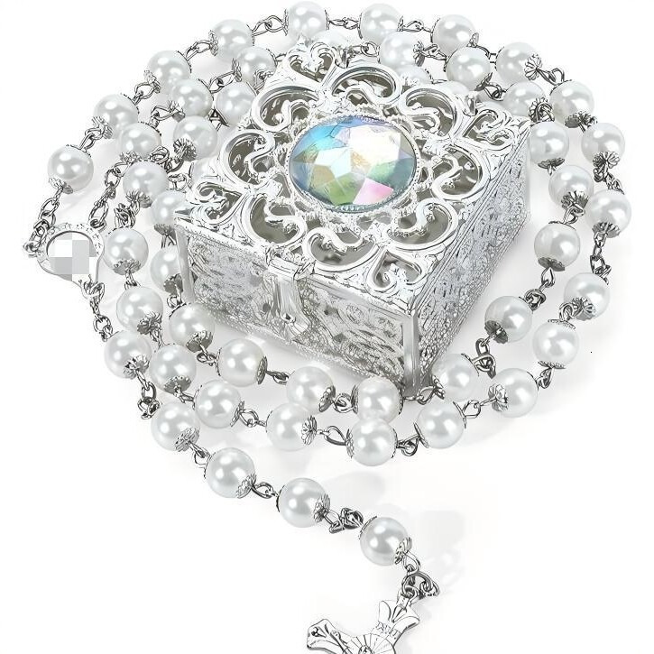 Vintage rose prayer bead necklace, pearl silver alloy sweater chain, unisex accessory