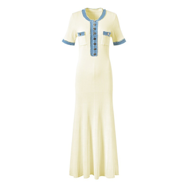 Casual Dresses Women's Elegant Knit Midi Dress, Contrast Blue Trim O-Neck Short Sleeve Bodycon Dress, Button Decor Casual Office Mermaid Long Dre