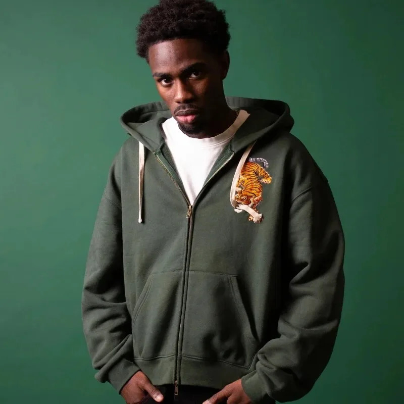 Y2K Vintage Harajuku Tiger Embroidered Zip Up Hoodie Retro Streetwear Green Hooded Sweatshirt Unisex Casual Oversized Jacket Top 260509