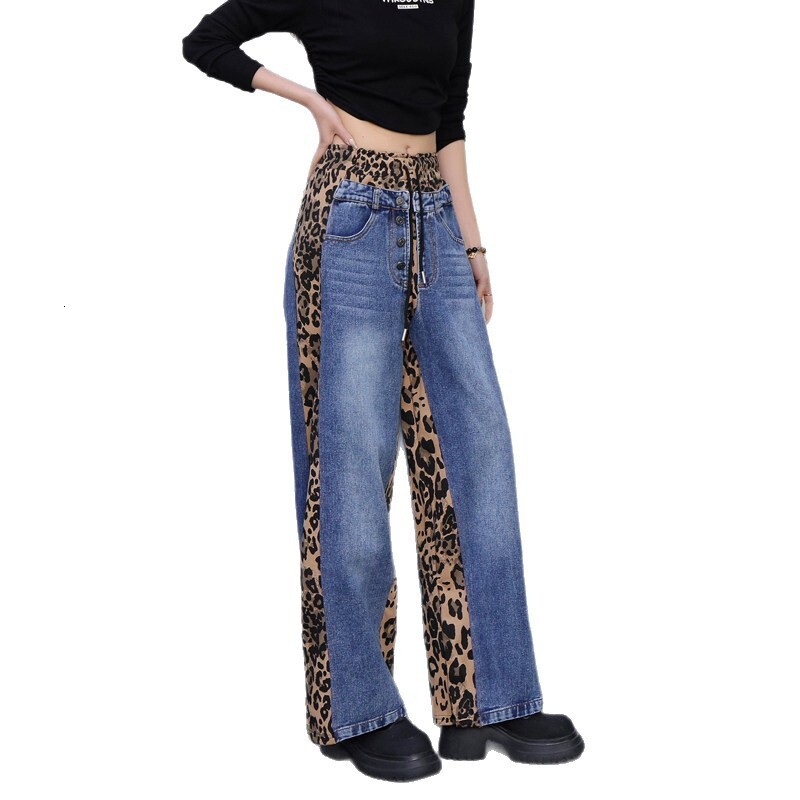 Classic Retro Leopard Print Patchwork Designer Jeans For Women Loose Fit Slimming Fashionable Casual Versatile Straight Leg Pants