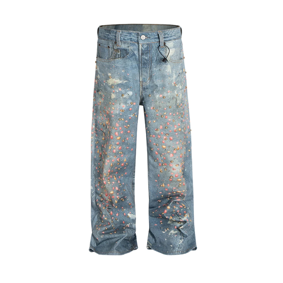 3D Printed Full Diamond Jeans for Men Straight Washed Distressed Shinning Diamon Denim Trousers Hip Hop Loose Baggy Jean Pants