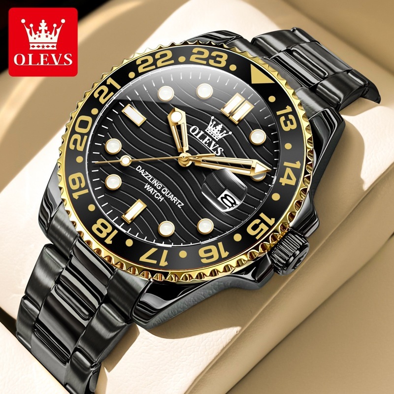 OLEVS Designer OLEVS Mens Quartz Watch Green Dial Rotating Bezel Luminous Date Waterproof Stainless Steel Casual Wristwatch For Men