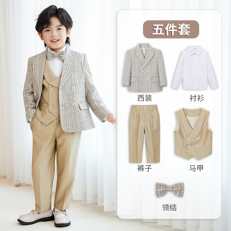Childrens Houndstooth Formal Suit Set Boys Wedding Birthday Party Champagne Costume Kids Double Breasted Blazer Pants Clothes 241106