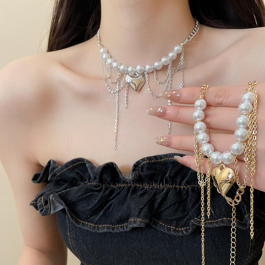 European American cross-border heart-shaped bead pearl necklace, ins sweet cool style, personalized collarbone chain, exaggerated and high-end women