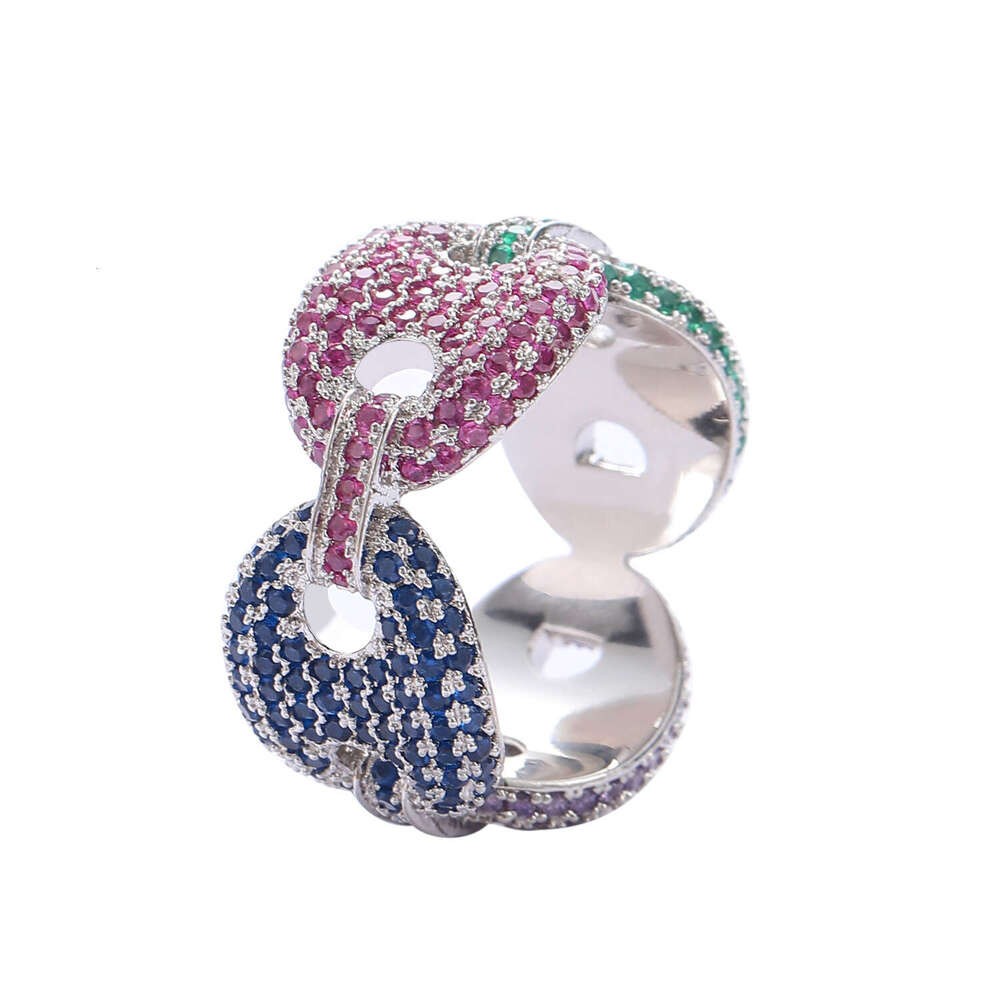 Hip-Hop Men's New Coffee Bean Micro-Inlaid Colorful Zircon Pig Nose Personality Ring