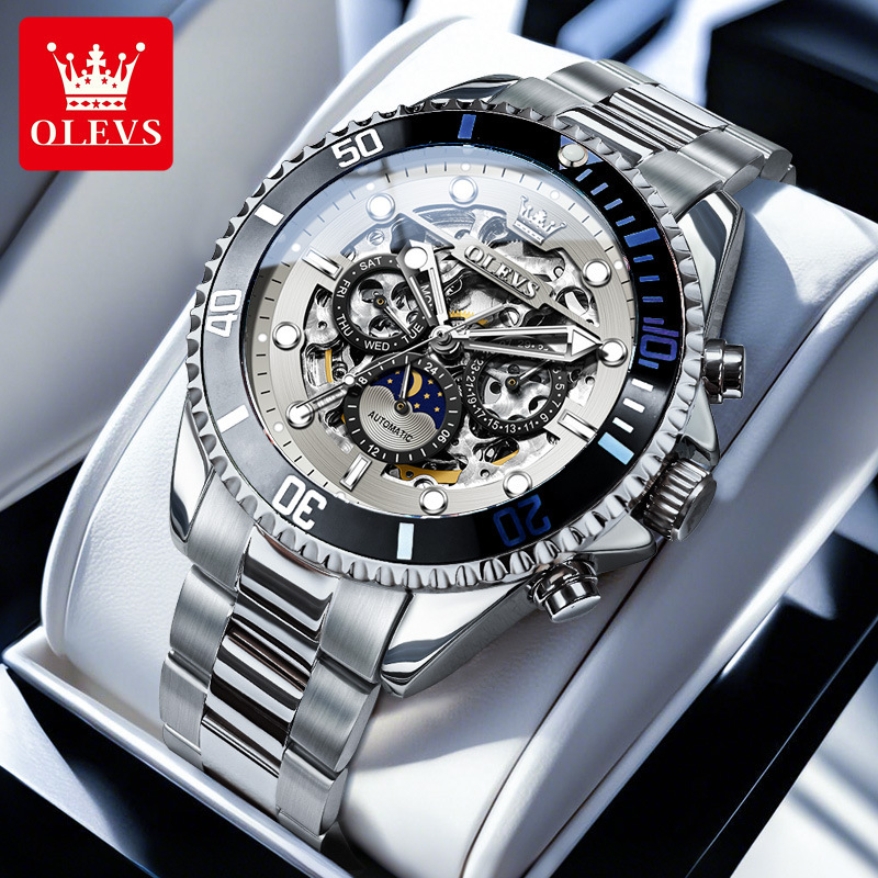 OLEVS Tourbillon Dial Stainless Steel Strap Waterproof Luminous Designer Men Mechanical Watch Skeleton ultifunctional Business Casual Automatic Wristw