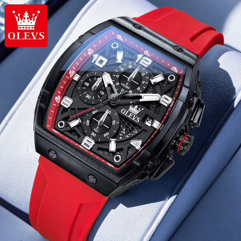 OLEVS Men's Luxury Watch Hollowed Out Multi-function Designer Watch Business Bucket Type Large Dial Silicon Tape Quartz Watch Waterproof Luminous