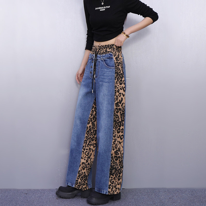 Classic Retro Leopard Print Patchwork Designer Jeans For Women Loose Fit Slimming Fashionable Casual Versatile Straight Leg Pants