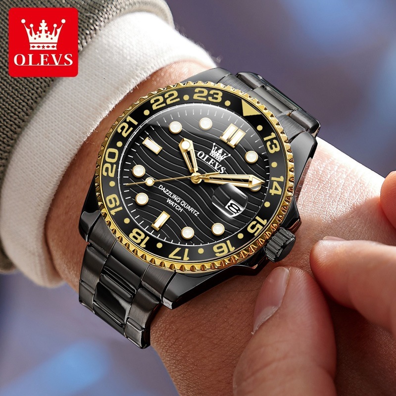 OLEVS Designer OLEVS Mens Quartz Watch Green Dial Rotating Bezel Luminous Date Waterproof Stainless Steel Casual Wristwatch For Men