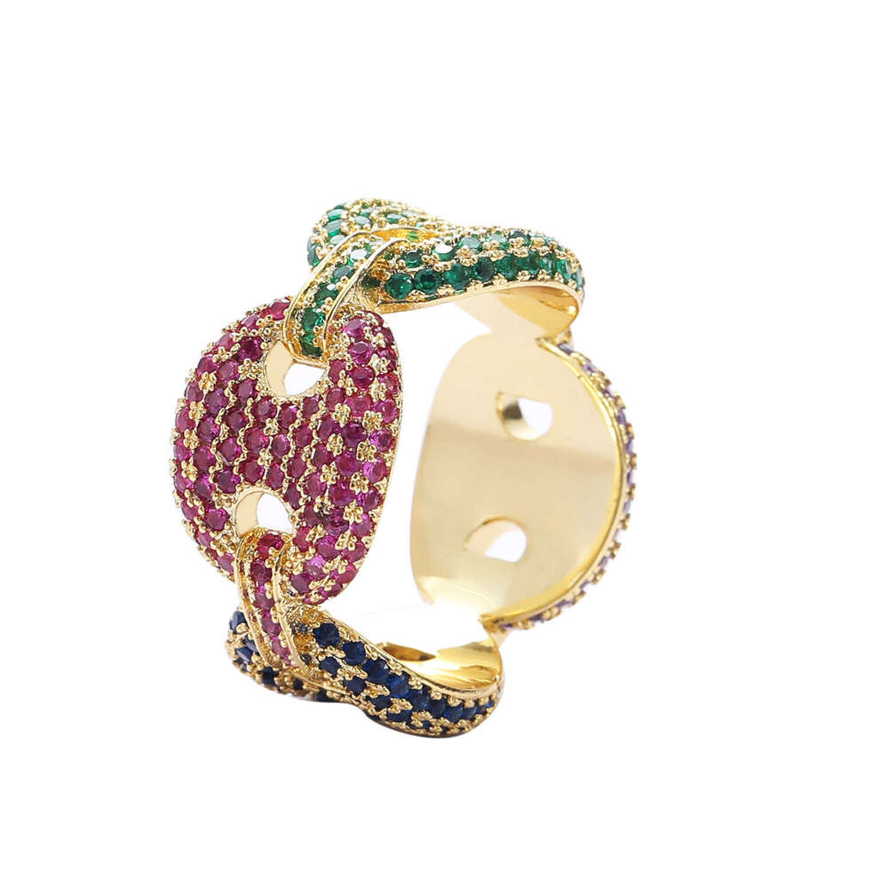 Hip-Hop Men's New Coffee Bean Micro-Inlaid Colorful Zircon Pig Nose Personality Ring