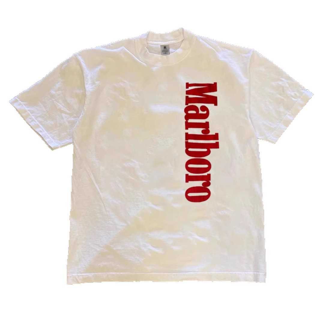 250g trendy Marlboro printed short-sleeve mens t-shirt summer pure cotton round neck non-transparent non-pilling