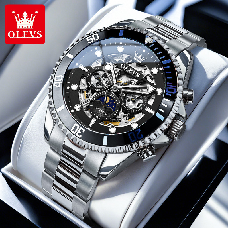 OLEVS Tourbillon Dial Stainless Steel Strap Waterproof Luminous Designer Men Mechanical Watch Skeleton ultifunctional Business Casual Automatic Wristw