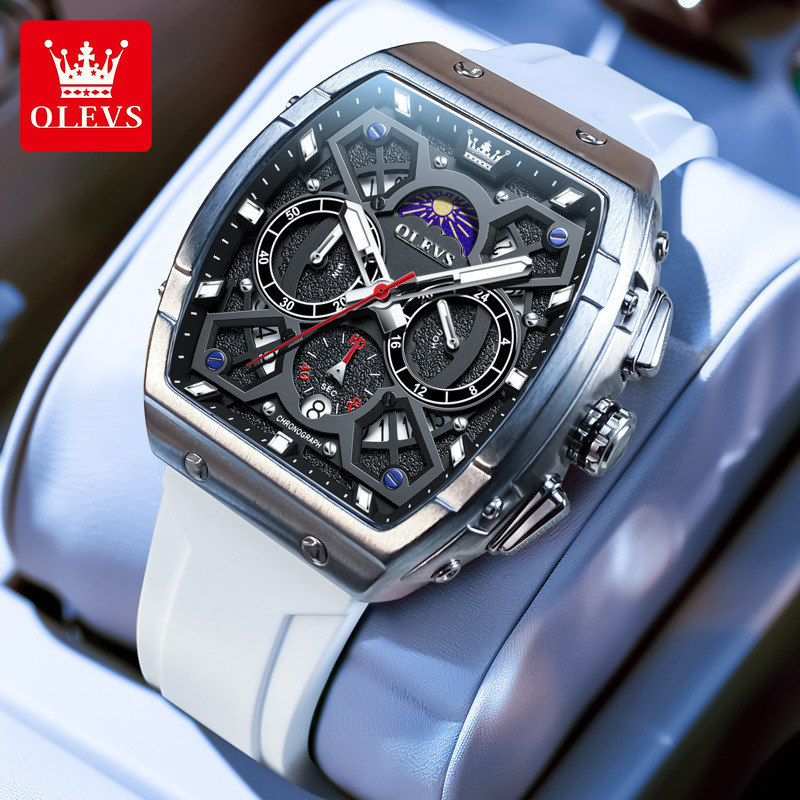 OLEVS Luxury Brand Wine Barrel Designer Watch New Fashion Casual Daily Travel Silicone Tape Night Light Multifunctional Quartz Waterproof Men's W