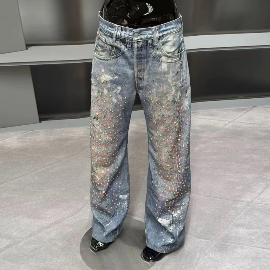 3D Printed Full Diamond Jeans for Men Straight Washed Distressed Shinning Diamon Denim Trousers Hip Hop Loose Baggy Jean Pants