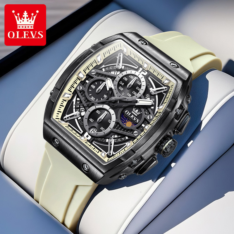 OLEVS Tonneau Skeleton Chronograph Designer Watch Silicone Strap Waterproof Luminous Sporty Men Wristwatch Shockproof Multifunctional Trendy Casual Da