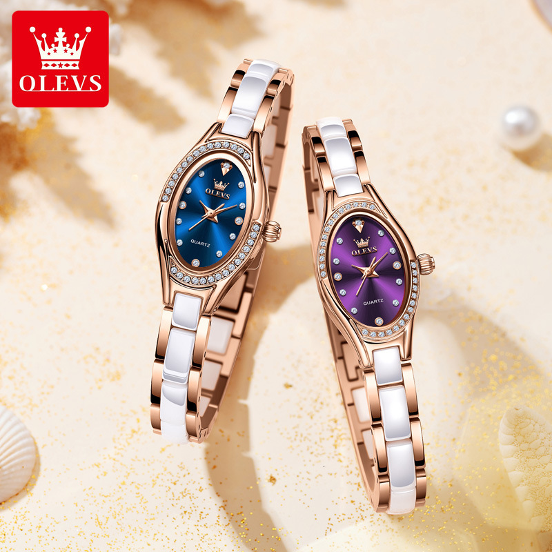 OLEVS Slim Oval Ceramic Quartz Designer Watch Waterproof Bling Crystal Luxury Dress Ladies Wristwatch Fashion Minimalist Daily Party Casual Trendy Hig