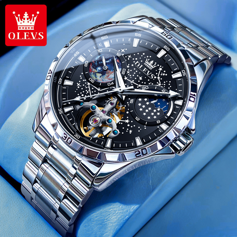 OLEVS Designer Men Mechanical Watch Starry Sky Skeleton Tourbillon Dial Stainless Steel Leather Strap Waterproof Luminous Business Automatic Wristwatc