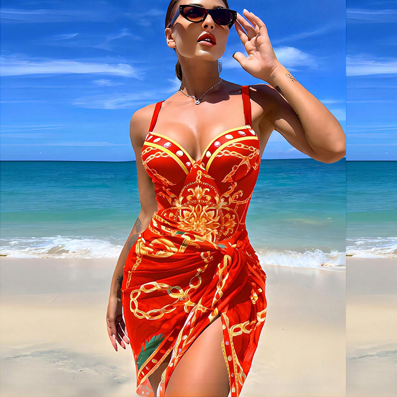 Baroque Print One Piece Swimsuit with Matching Cover Up Sarong Set Push Up Monokini Bathing Suit for Women Luxury Chain Print Beachwear for Vacation