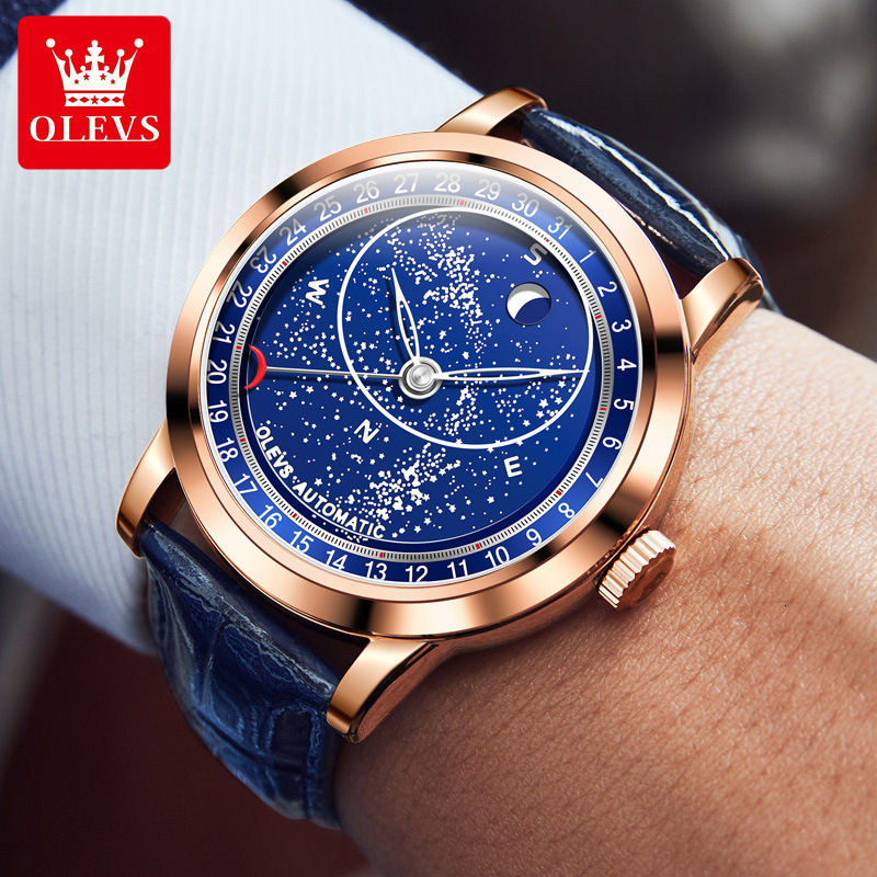 OLEVS Luminous Luxury Business Casual Wristwatch for Men Gift Designer Men Automatic Mechanical Watch Starry Sky Dial Moon Phase Blue Leather Strap Wa