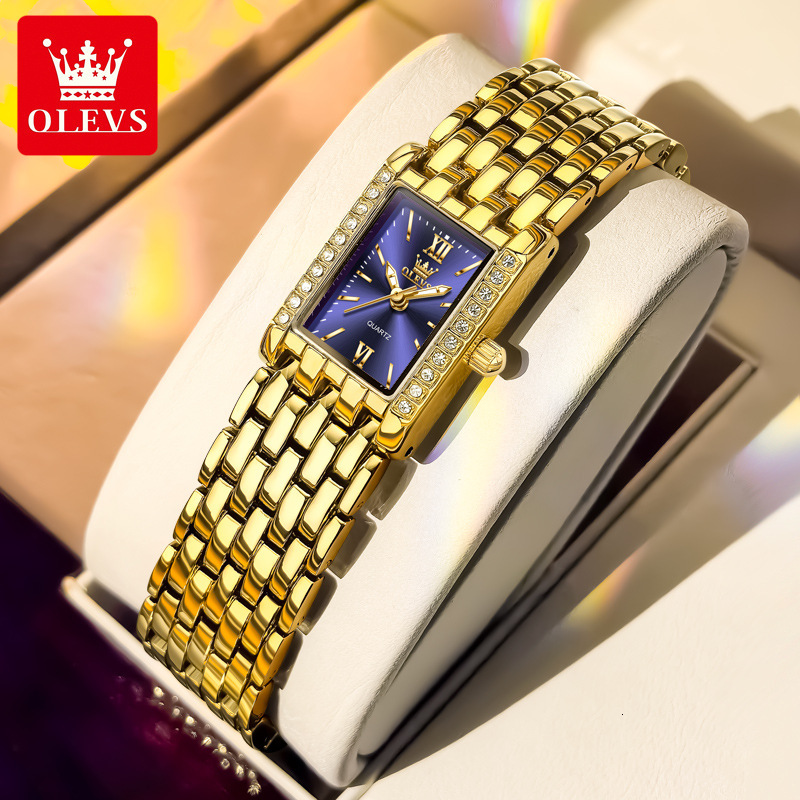 OLEVS Gold Tone Rectangle Crystal Bezel Designer Watch Ladies Quartz Waterproof Elegant Dress Fashion Minimalist Lightweight Daily Party Bridal Analog