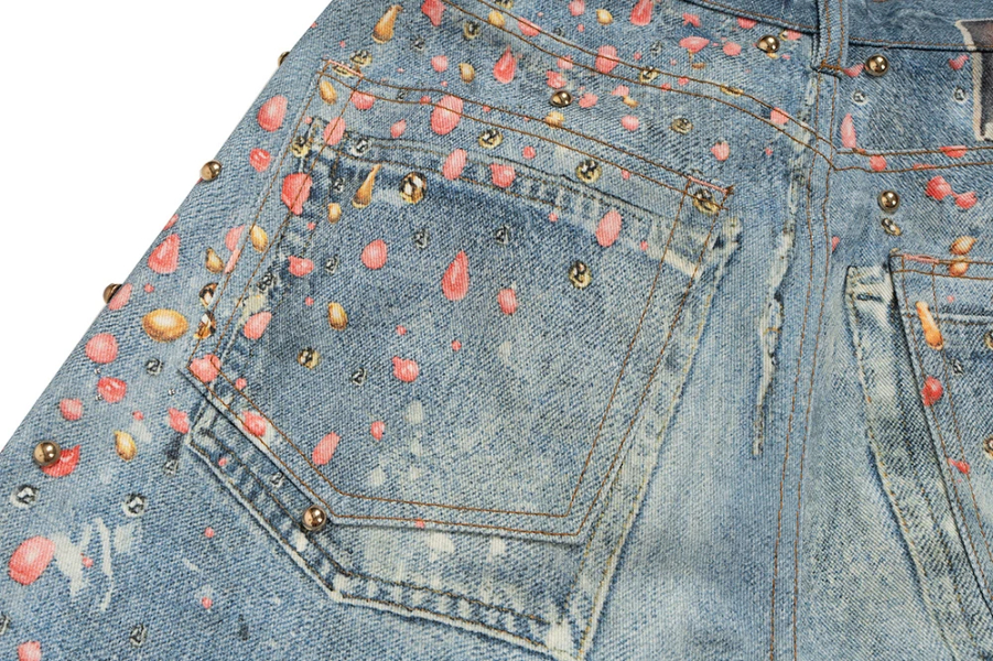 3D Printed Full Diamond Jeans for Men Straight Washed Distressed Shinning Diamon Denim Trousers Hip Hop Loose Baggy Jean Pants