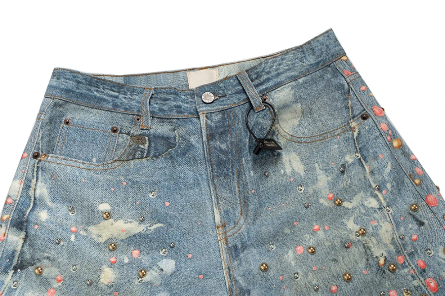 3D Printed Full Diamond Jeans for Men Straight Washed Distressed Shinning Diamon Denim Trousers Hip Hop Loose Baggy Jean Pants